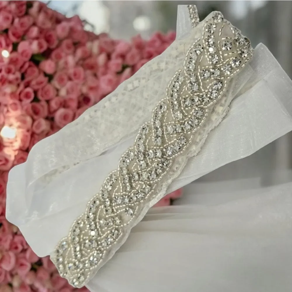 Rhinestone Bridal Belt Sash Crystal Beaded Wedding Dress Waist Tie White 95